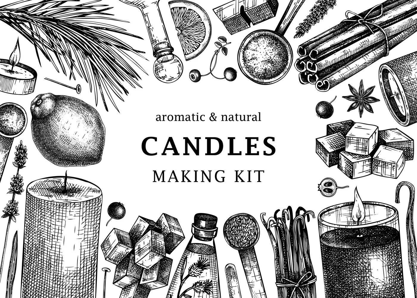 Hand sketched candles ingredients banner. Vintage candles, herbs, wax, fruits, spices, skewers hand drawings background. Perfect for aromatherapy, hobby, handcrafts, candle making. Illustration